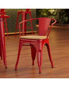 Lancaster Table & Seating Alloy Ruby Red Indoor Arm Chair with Natural Wood Seat