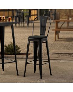 Lancaster Table & Seating Alloy Onyx Black Outdoor Cafe Barstool with Black Fabric Magnetic Cushion